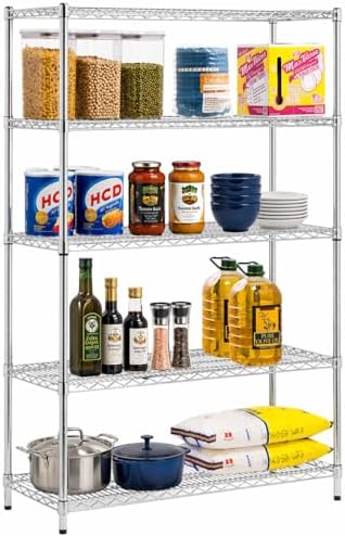 Honey-Can-Do 5-Tier Heavy-Duty Adjustable Shelves, Metal Storage Rack with 800-lb Shelf Capacity, Chrome, 18" W x 42" L x 72" H