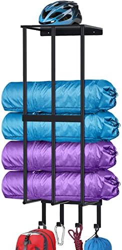 Camping Chair Wall Storage for Garage, Metal Camping Chair Storage Rack Wall Holder, Floating Shelf, 4 Hooks, Stainless Steel, Beach Chair Rack, Umbrella Holder, Garage Chair Organizer, Matte Black