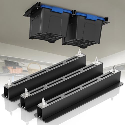 WooFog Overhead Garage Storage Rack, Garage Ceiling Storage Racks, Heavy Duty Storage Bin Ceiling Rails for 27 Gallon Totes，Tote Storage Rack System -Black (6 Sets for 5 Bins) : Tools &amp