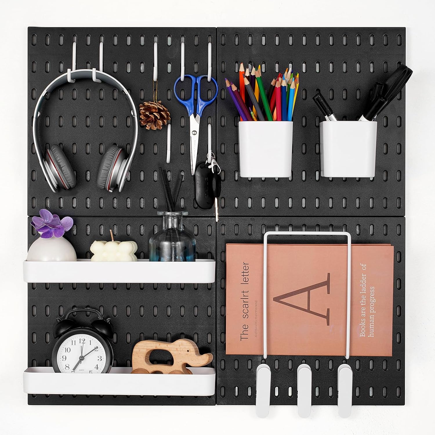 VEVOR Pegboard Combination Kit, 11" x 11" Plastic Pegboard, 4 Panels, Peg Board Wall Organizer Kit with Accessories, for Garage Tool Storage Kitchen Living Room Craft Room Office Bathroom Home, Black