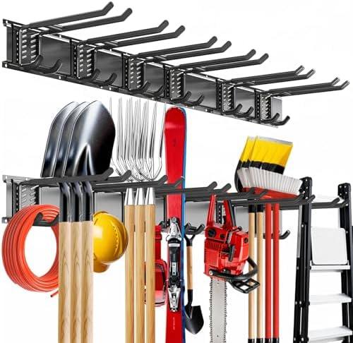 Garage Tool Organizer Wall Mount, 48inch Heavy-Duty Garage Storage System and Garden Tool Organizer with 6 Adjustable Double Hooks for Shovel, Snowboard, Yard Tools and Shed