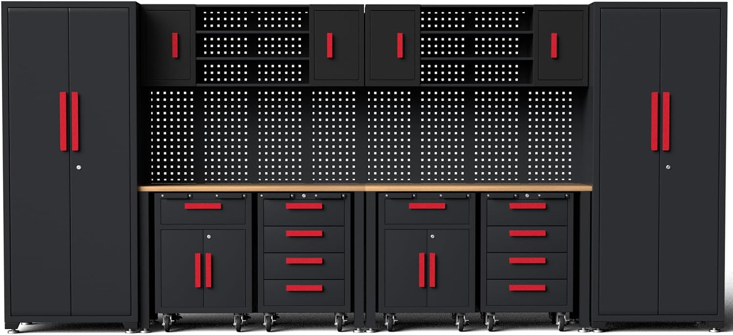 12-PC Heavy Duty Steel Garage Storage Cabinet System &amp; Bench,Red