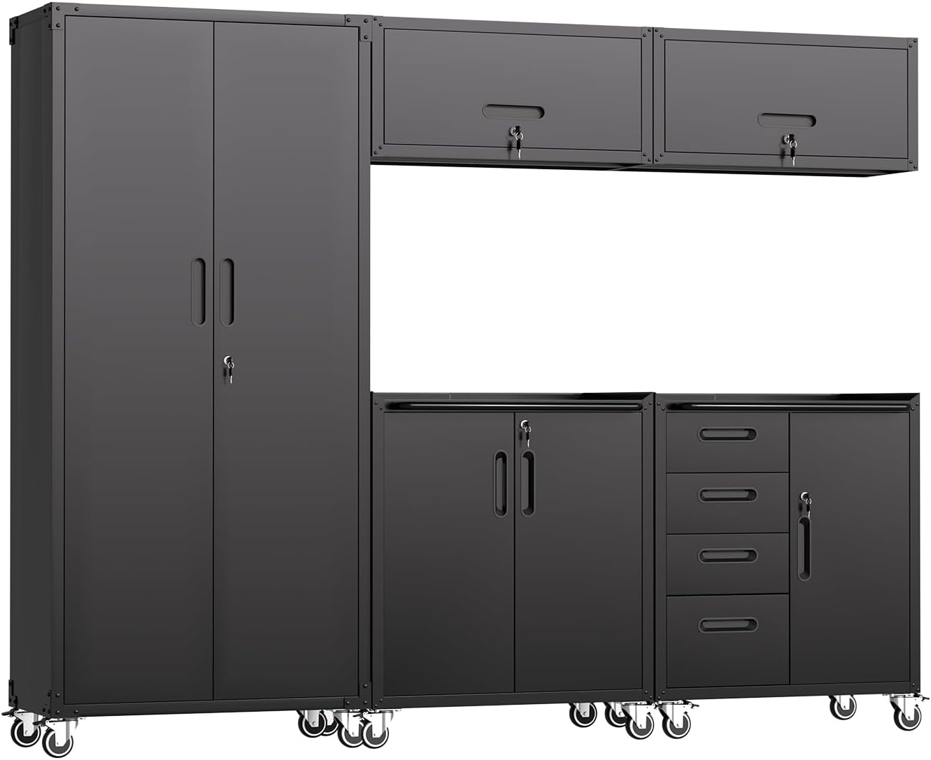 Garage Storage Cabinets System 5 PCS Workshop Set with Drawers Locking Heavy Duty Rolling Cart with Adjustable Shelves Garage Tool Workbench Cabinets (5 PCS-1, Black)