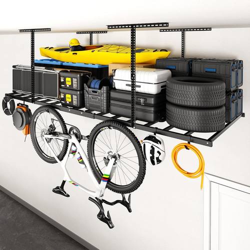 FLEXIMOUNTS 4x8 Overhead Garage Ceiling Storage Rack with 6 Hooks, Black