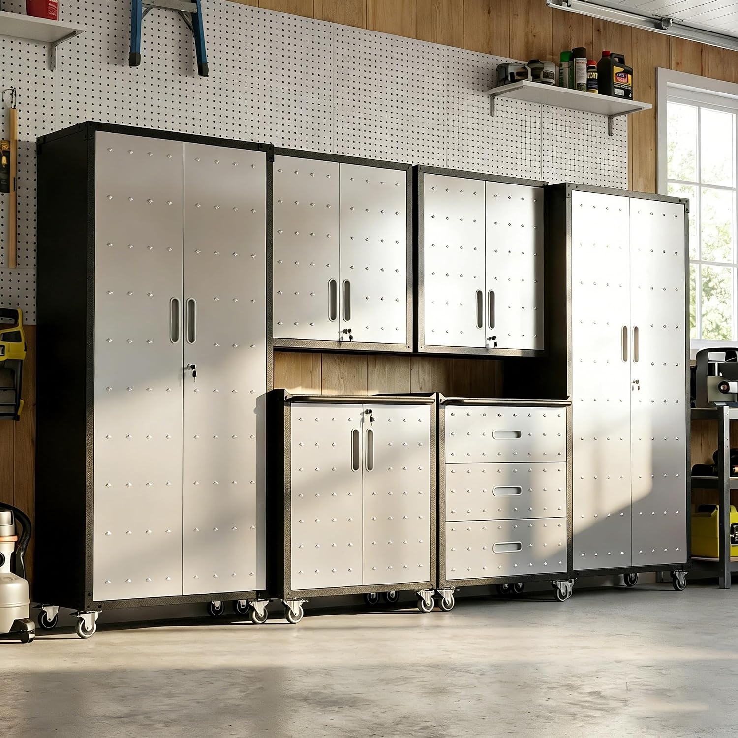 Garage Cabinet System | Heavy Duty Steel All-in-One Modular Garage Cabinet Set for Ultimate Workshop Organization | Easy Assembly Garage Storage Cabinets & Tool Bench
