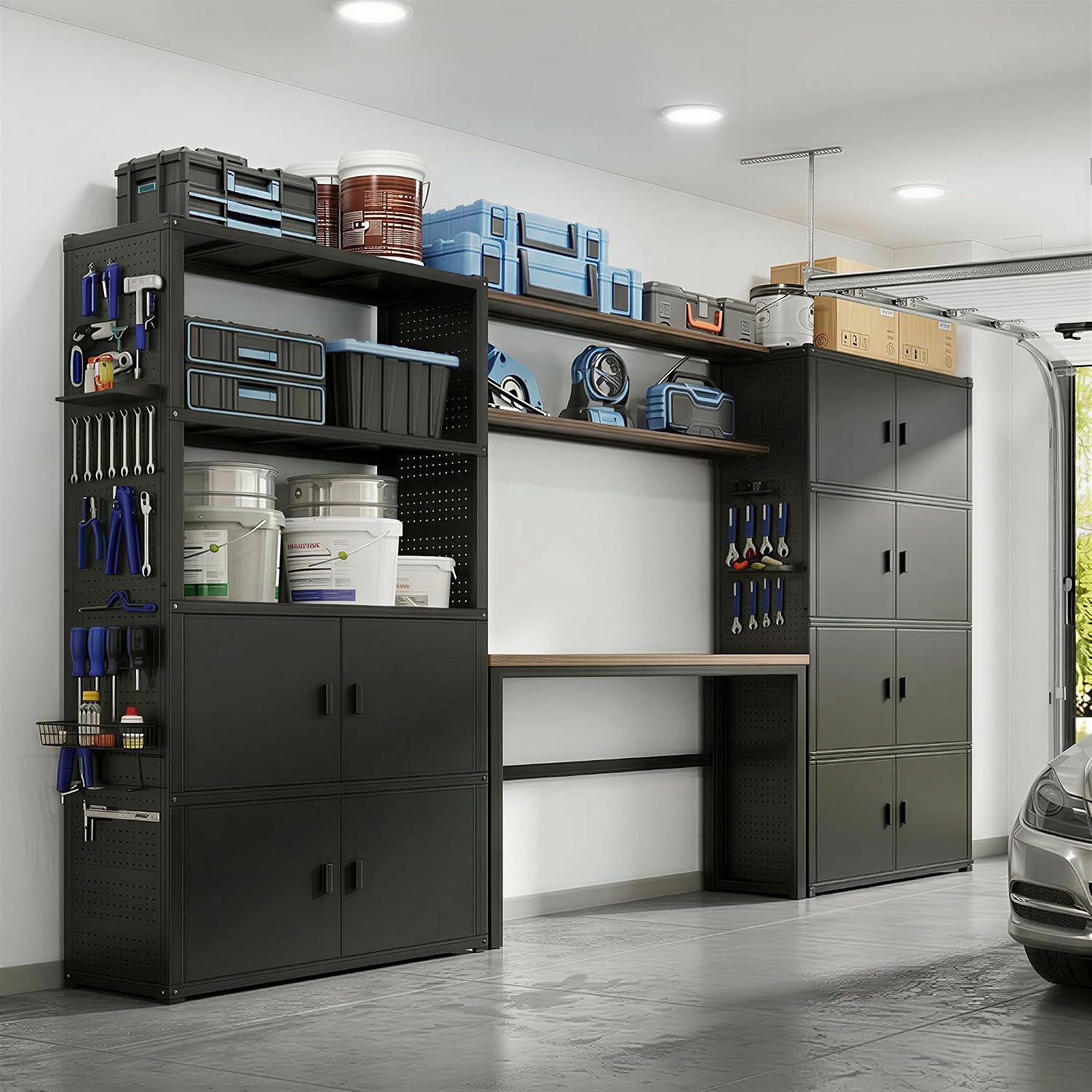 FLEXIMOUNTS Garage Storage Cabinet System with Workbench &amp; Pegboard, White