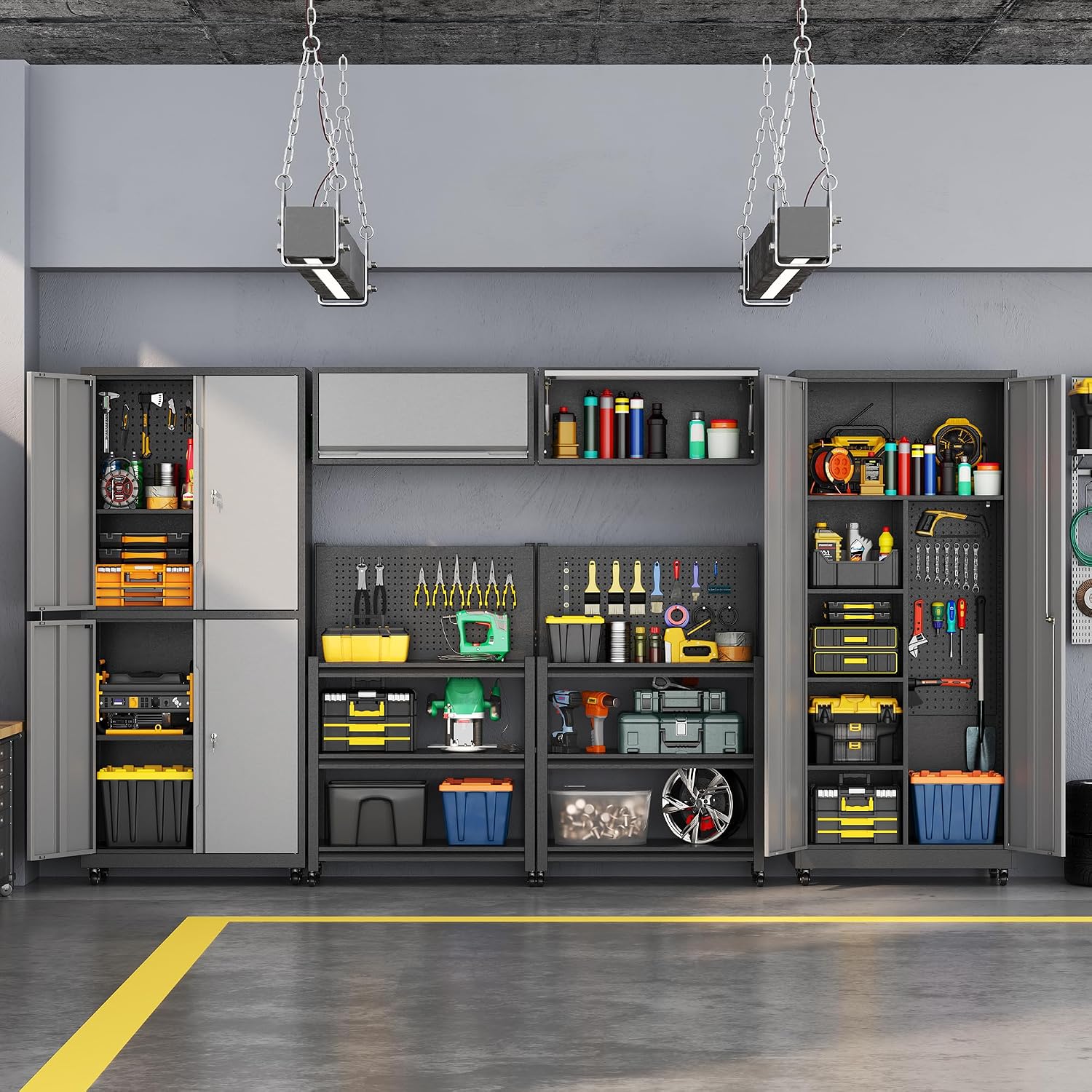 Metal Garage Storage Cabinets System, 6 Piece Workshop Steel Cabinet Set, Rolling Garage Cabinets for Tools, Lockable Garage Storage Cabinet, Assembly Required,Black Gray