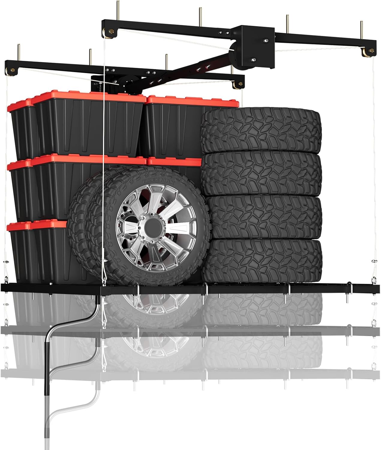 Overhead Garage Lifting Storage Rack, Maximize Your Garage Storage with Our 4x4 Ft Heavy-Duty Ceiling Storage Rack System, Supports 350 lbs, Adjustable & Easy to Install (Black 4x4 ft)