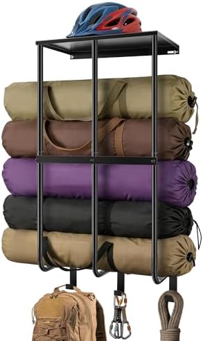 Camping Chair Storage for Garage, Metal Camping Chair Rack for Garage Storage, Beach Chair Rack, Umbrella Storage Holder, Wall Holder Rack with Floating Shelf & 3 Hooks for Garage Organizer