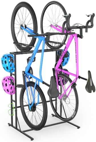 FANSXIVITA Bike Rack Garage Vertical Bike Stand for 2 Bikes with 6 Hooks | Freestanding Bike Storage Rack with Adjustable Width, Bike Stand Floor, Bicycle Organizer, Indoor, Outdoor, Black