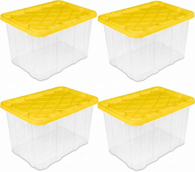 - CLMSTE Large Industrial Storage Bins with Lids, 27 Gallon Clear Plastic Tote for Garage &amp; Basement, Heavy Duty Stackable Totes for Storage and Organization, Yellow, 4-Pack