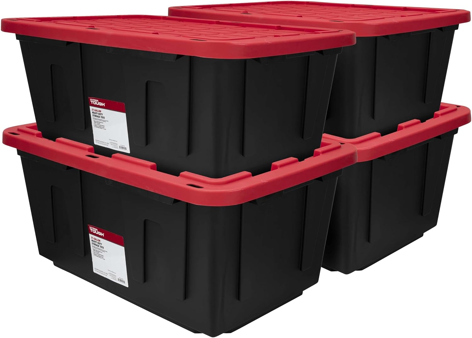 27 Gallon Heavy-Duty Plastic Storage Bin, Black and Red, Pack of 4