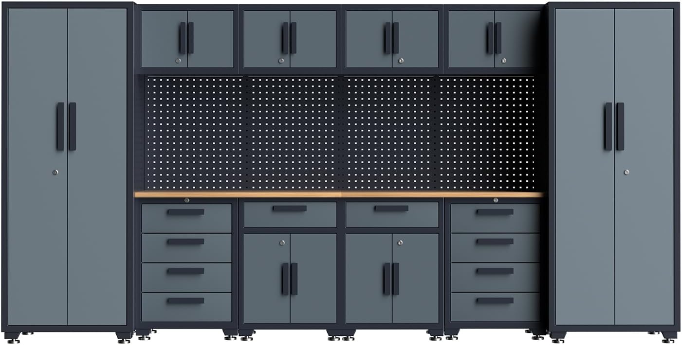 12-Pack Garage Storage Cabinet System with Workbench and Pegboard